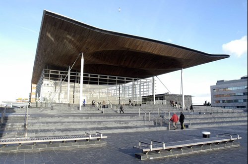 The Senedd building from a left fron view.