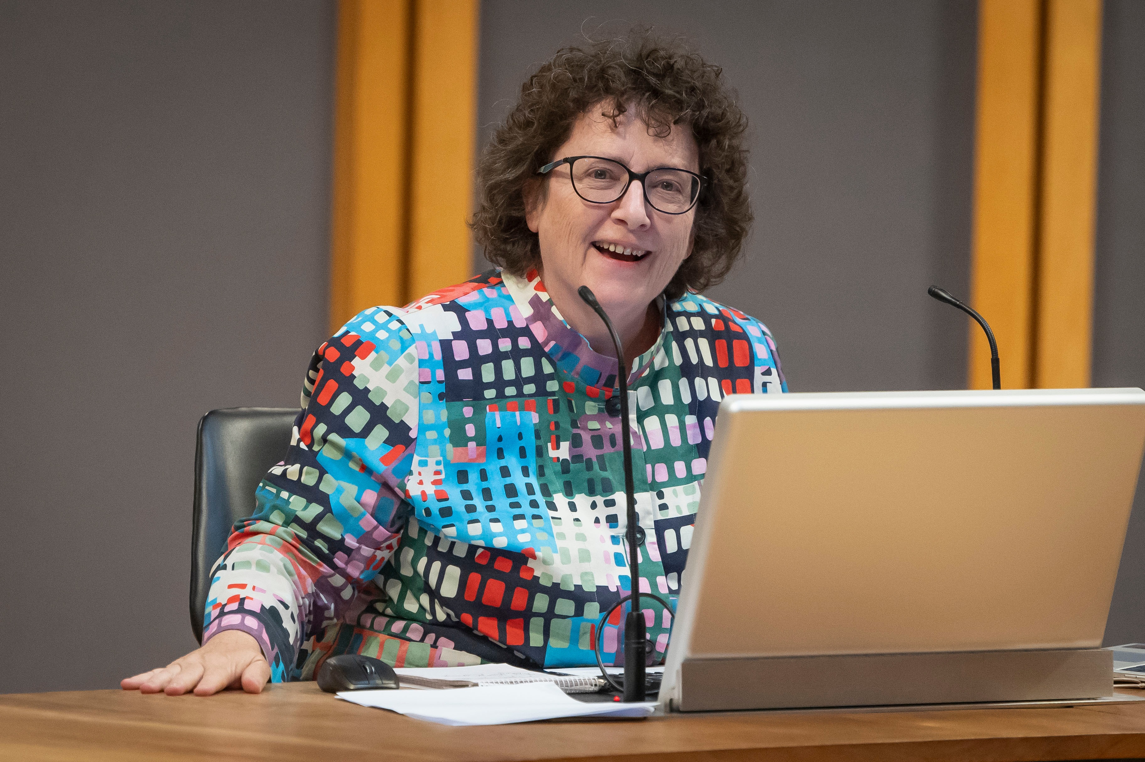 Llun o Elin Jones yn Siambr y Senedd