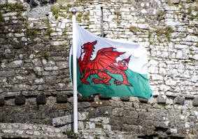 Ar y clawr mae llun o faner draig goch Cymru yn cyhwfan o flaen wal castell.