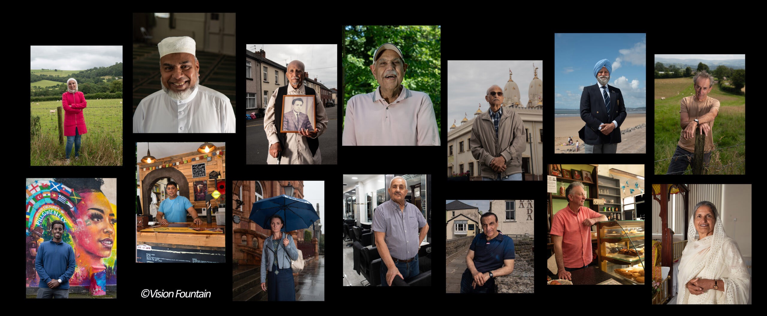 Gludwaith o 10 delwedd sy'n cynnwys gwahanol unigolion mewn gwahanol leoliadau. Mae'r cefndiroedd yn cynnwys golygfeydd awyr agored, adeiladau, ac amgylcheddau dan do.