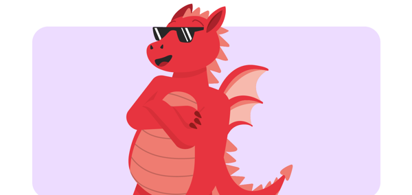Draig gartŵn goch yn gwisgo sbectol haul gyda breichiau ynghroes ar gefndir porffor.