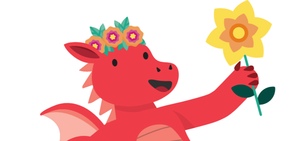 Darlun o ddraig goch yn dal cennin Pedr melyn. Mae gan y ddraig wyneb cyfeillgar ac mae'n gwisgo band gwallt yn frith o flodau.