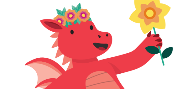 Darlun o ddraig goch yn dal cennin Pedr melyn. Mae gan y ddraig wyneb cyfeillgar ac mae'n gwisgo band gwallt yn frith o flodau.