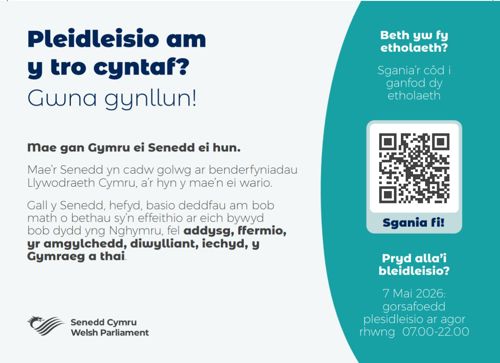 Delwedd o'r cerdyn post ynghylch 'pleidleisio am y tro cyntaf'. PDF ar gael i'w lawrlwytho.